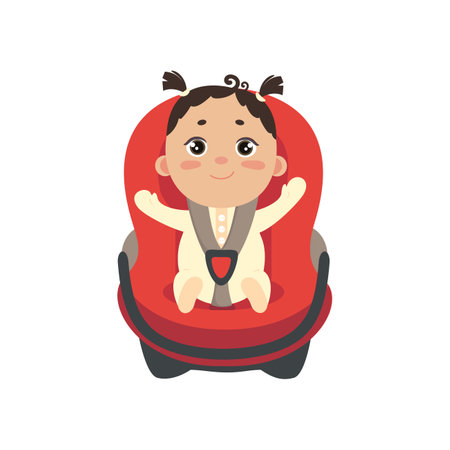 Baby girl in car chair. Cute little fastened girl sitting in automobile seat. Front view of carseat. Vector flat style illustration on white background.のイラスト素材