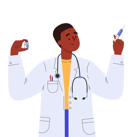 Vaccine discovery concept. Scientists doctor with test tube and syringe working. Young male african american doctor in a medical gown. Vector illustration in flat cartoon style.のイラスト素材