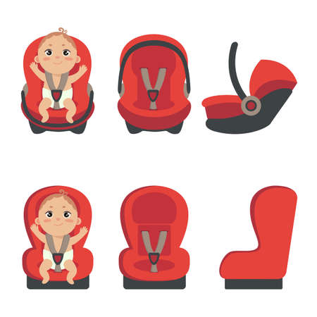 Baby boy sitting in automobile seat. Set of car chair for baby from different angles. Side and front view of carseat. Vector illustration on white background.のイラスト素材