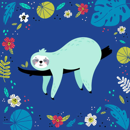 Cute Cartoon sloth. Sloth and leaves vector illustration. Animal in various tropical leaves and flowers. Cartoon animal for gift, greeting card, poster, background, brochure, etcのイラスト素材