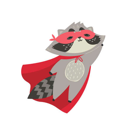 Cute raccoon in superhero costume. You are my hero. Animal with extraordinary flying abilities wear mask of a hero and purple cloak. Flat vector illustration isolated on a white background.のイラスト素材