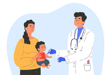 Male doctor makes a vaccine to a child. Concept illustration for immunity health. Woman with baby in hospital. Doctor in a medical gown and gloves. Flat illustration isolated on white background.のイラスト素材
