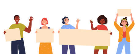 Teenagers showing posters. Collection of young men and women standing and holding blank banner. Male and female protesters or activists. Political meeting and protest. Vector trendy illustration.のイラスト素材