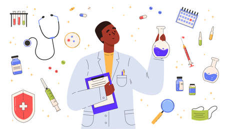 Vaccine discovery concept. Scientists doctor with flasks and folder working on antiviral treatment development in a medical gown. Set of medical objects. Vector illustration in flat cartoon style.のイラスト素材