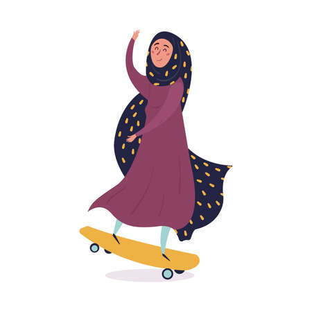 Young Muslim woman wearing trendy clothes and hijab skates. Fashionable Arab girl. Female character isolated on white background. Flat cartoon vector illustration.のイラスト素材