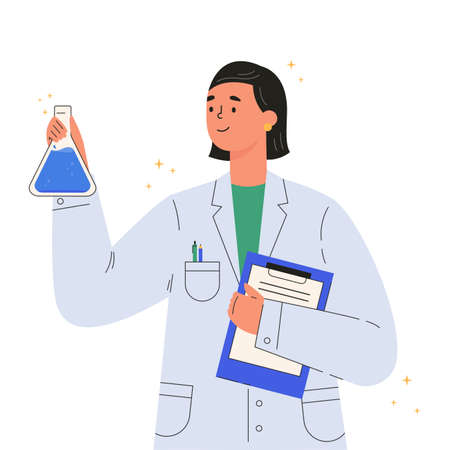 Vaccine discovery concept. Scientists doctor with flasks and folder working on antiviral treatment development. Young female doctor in a medical gown. Vector illustration in flat cartoon style.のイラスト素材