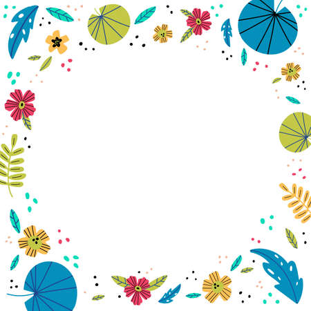 Vector illustration in simple flat style with copy space for text. Tropical leaves and flowers. Background with plants and leaves. Design for greeting cards, posters, banners and placards.のイラスト素材