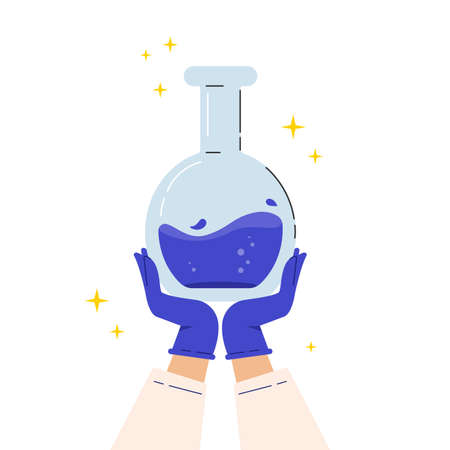 Lab experiment flask. Laboratory glassware or beaker equipment isolated on white background. Vaccine discovery concept. Flask in the hands in a robe and gloves. Flat vector modern illustration.のイラスト素材