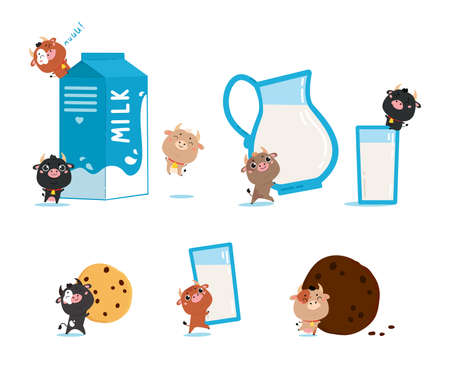 Farm cows and ox with glass of milk, jug and cookies. Cute cartoon animals on white background. Vector Illustration for printing on products and packaging containing milk in simple style.のイラスト素材