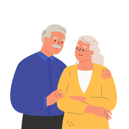 Happy elder man hugging his wife feeling love to each other. Portrait of old couple man and woman. Friendly family relationship. Cartoon vector flat illustration on white background.のイラスト素材