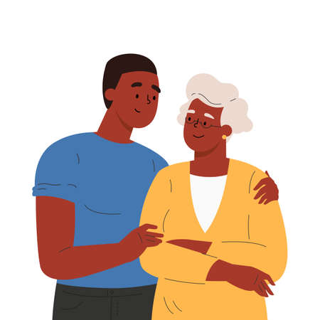 Happy adult son hugging old mother feeling love to each other. Portrait of young guy with grandma. Friendly family relationship. Cartoon vector flat illustration on white background.のイラスト素材