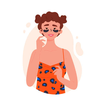 Using eye patches and cosmetics concept. Portrait of woman applying nourishment under eyes for looking fresh in morning. Healthy lifestyle and fashion vector illustration.のイラスト素材