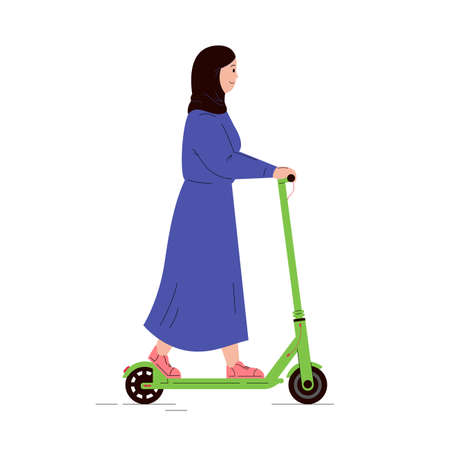 Active young woman in hijab riding electric walk scooter. Modern female character driving eco urban transport. Active lifestyle concept. Colored flat vector illustration isolated on white background.のイラスト素材