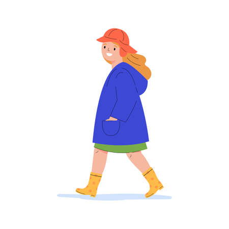 The girl walks in the rain. Happy child in a blue raincoat and gumboots. Girl in a rain hat. Flat vector cartoon illustration isolated on white background.のイラスト素材