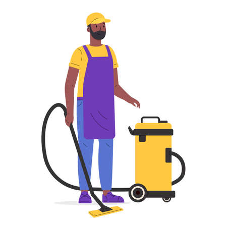 Young worker of cleaning service. A man dressed in a uniform with a vacuum cleaner. Guy up floor. Housekeeping staff. Flat vector cartoon illustration isolated on white backgroundのイラスト素材