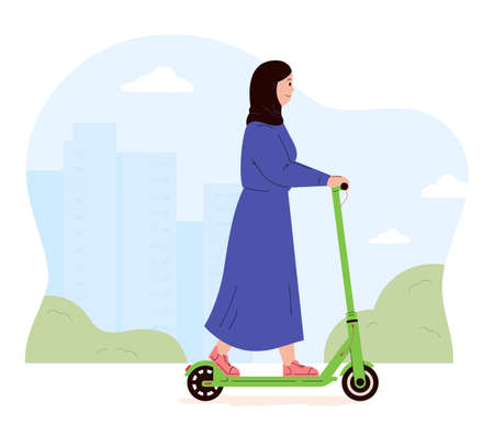 Active young woman in hijab riding electric walk scooter. Modern female character driving eco urban transport. Active lifestyle concept. Colored flat vector illustration isolated on white background.のイラスト素材