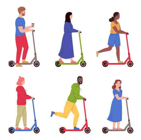 Collection of people riding kick scooters. Modern characters in different poses. Young men and women on modern personal eco urban transporters. Flat vector illustration isolated on white background.のイラスト素材