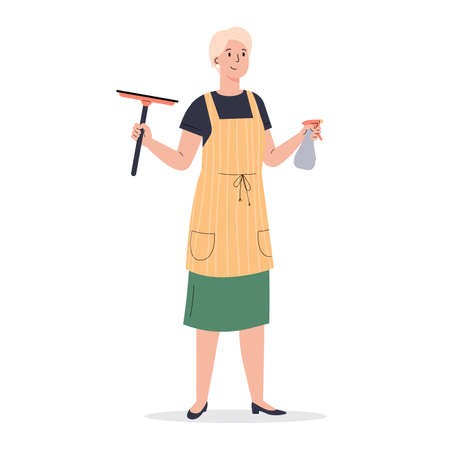 A woman dressed in an apron with wiper. Housekeeping activity. Woman with window cleaners. Flat vector cartoon illustration isolated on white backgroundのイラスト素材