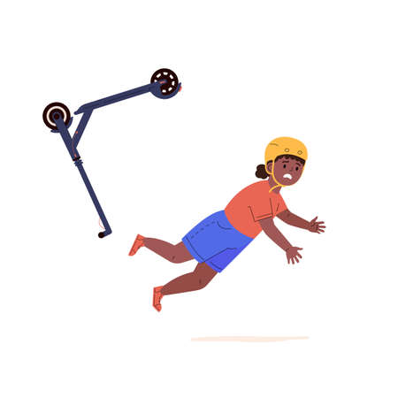 Child falling down from kick scooter. Little girl in a helmet falls to the ground after scooter accident. Health risk. Vector cartoon flat illustrationのイラスト素材