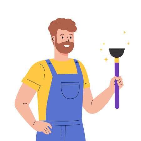 Young worker of cleaning service. A man dressed in a uniform with a plunger and a rag. Guy in overalls. Housekeeping staff. Flat vector cartoon illustration isolated on white backgroundのイラスト素材