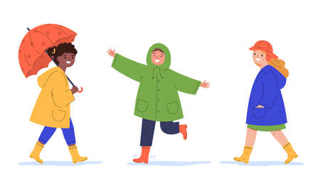 Children in raincoats and with umbrella in the rain. Kids walk in the rain. Flat vector cartoon illustration isolated on white background.のイラスト素材