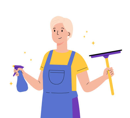 Young worker of cleaning service. A woman dressed in a uniform with wiper. Housekeeping staff. Girl dressed in an apron. Flat vector cartoon illustration isolated on white backgroundのイラスト素材