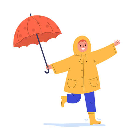 The child runs in the rain. Happy kid in a yellow raincoat under umbrella during rain. Flat vector cartoon illustration isolated on white background.のイラスト素材