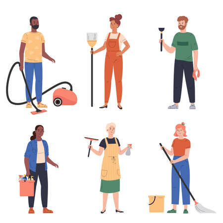People cleaning. Housework cleaning, men and women doing chores. Washing floor and vacuuming housekeeping characters. People with buckets and mop,broom,wiper,plunger. Vector flat illustrationのイラスト素材