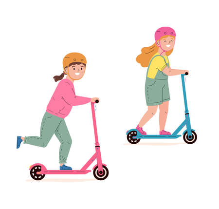 Happy children in helmets ride electric walk scooters. Modern child characters driving eco urban transport. Kids learn to ride scooter. Flat vector illustration isolated on white background.のイラスト素材