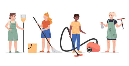 Cute children doing housework set. Boy and girls mopping and vacuuming floor. Children with a broom, mop, vacuum cleaner and wiper. Flat vector cartoon illustration isolated on white backgroundのイラスト素材