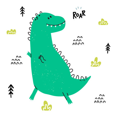 Hand drawn dinosaur. T Rex in cartoon scandinavian style. Cute baby animal. Dino with plants and doodles. Vector flat style children illustration.のイラスト素材