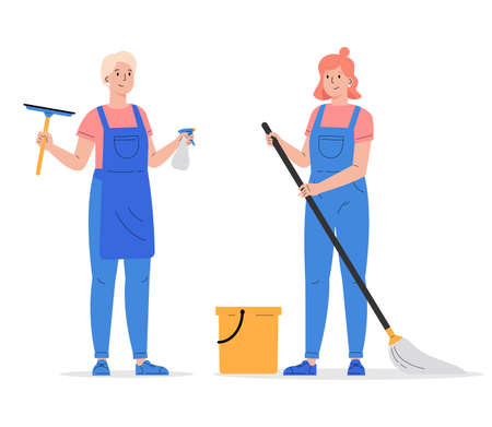 Cleaning company staff with the equipment. Cleaning service, women with window cleaner tool and mop with bucket in uniform. Vector illustration in a flat styleのイラスト素材