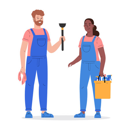 Cleaning company staff with the equipment. Cleaning service, man and woman with a plunger and a bucket of detergents in uniform. Vector illustration in a flat styleのイラスト素材