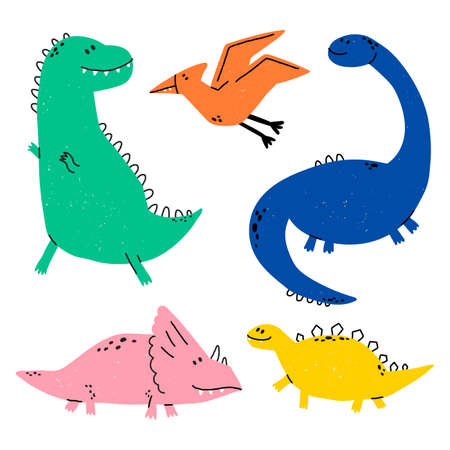 Hand drawn dinosaurs. Dino vector set in cartoon scandinavian style. T Rex, Diplodocus, Pterodactyl, Stegosaurus, Triceratops. Cute baby animals. Vector flat style illustration.のイラスト素材