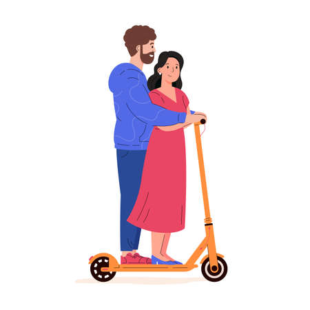 Couple rides together on a electric walk scooter. Man and woman driving e-scooter. Romantic walk. Alternative eco urban transport. Flat vector illustration isolated on white backgroundのイラスト素材