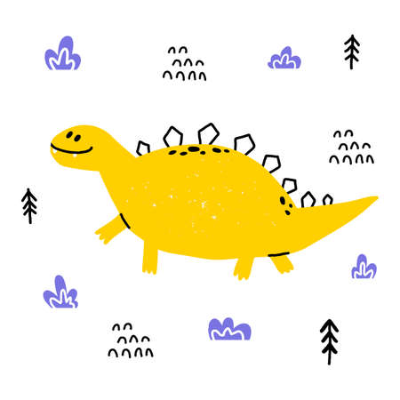 Hand drawn dinosaur. Stegosaurus in cartoon scandinavian style. Cute baby animal. Dino with plants and doodles. Vector flat style children illustration.のイラスト素材