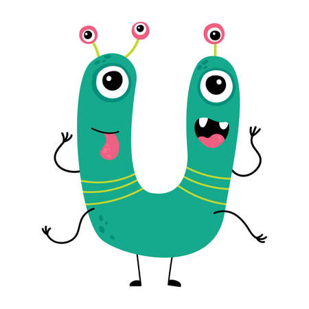 Cartoon funny monster isolated on white background. Cute monster character. Design for print, Halloween party decoration, illustration,  emblem or sticker. Vector illustration in cartoon style.のイラスト素材