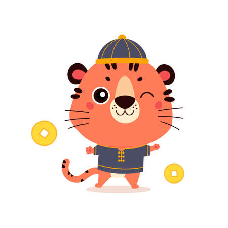 Happy Chinese New Year 2022. Chinese zodiac tiger. Cute tiger in traditional asian costume. Symbol of the year. Character design concept. Vector illustration in cartoon style.のイラスト素材