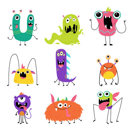 Set of cute monsters isolated on white background. Funny monster characters. Design for print, party decoration, t-shirt, illustration, emblem or sticker. Vector illustration in cartoon style.のイラスト素材