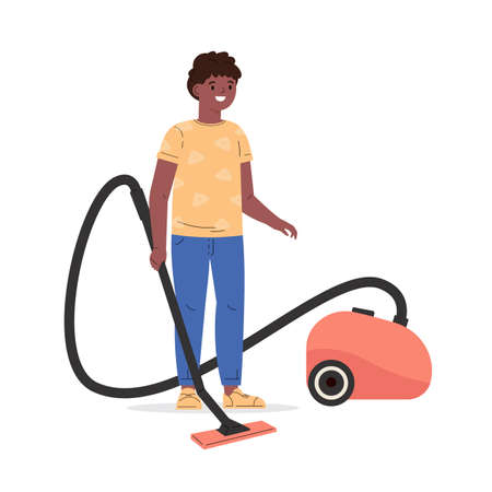 Cute boy holding electric vacuum cleaner pipe in his hands ready for house cleaning. Kid helps cleaning floor at home. Housekeeping activity. Cartoon vector flat style illustration.のイラスト素材