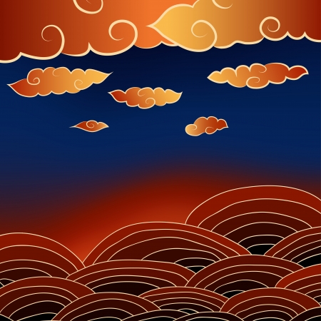 Korean landscape with clouds and fields at sunsetのイラスト素材