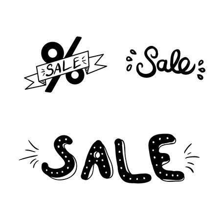 Black sale signs, handwritten lettering, isolated on white, vectorのイラスト素材
