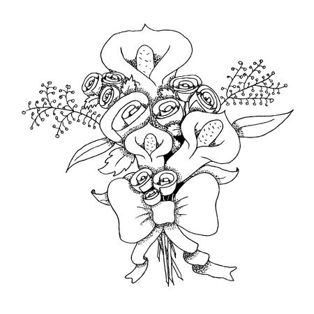 Hand drawn black and white ink bouquet with bow, sketch vectorのイラスト素材