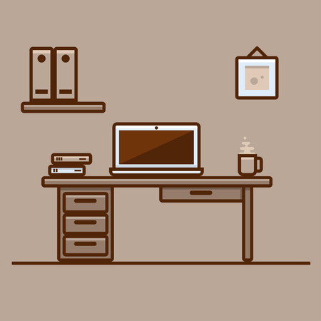 Line flat design of modern workplace, office desk with laptop and books, front view. illustration concept for web use. Minimalistic style and color.のイラスト素材