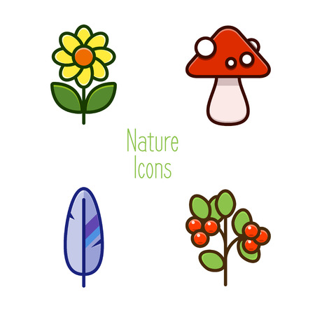 Set of color nature icons of forest objects, flat line minimal style, eco icons for web useのイラスト素材