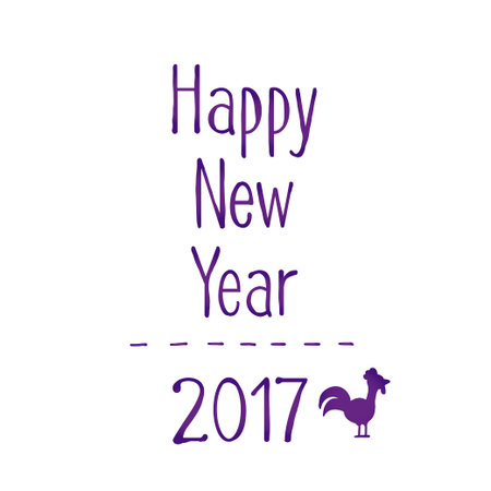 Hand written sign new year 2017 with silhouette of rooster violet greeting card