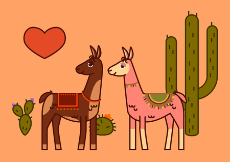 Two llamas with red heart, line art style, love concept, illustration for valentine's day greeting cardのイラスト素材