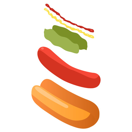 Explode hotdog ingredients isometric view, fastfood concept, vector eps10 illustrationのイラスト素材