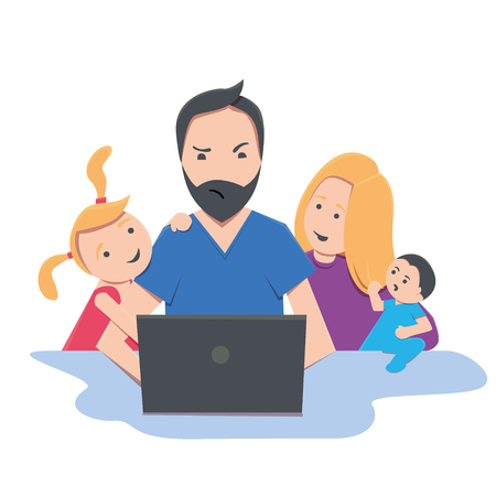 Freelancer dad works at home on notebook with children and mom, wor-life balance conceptのイラスト素材
