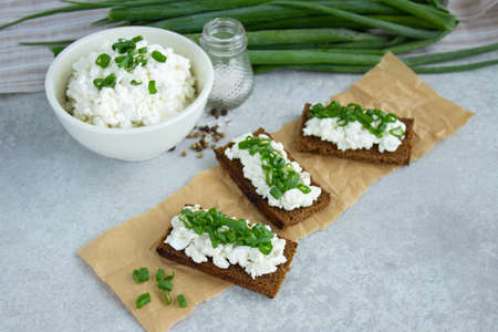 Appetizers with green onion and curd (cottage cheese)の写真素材